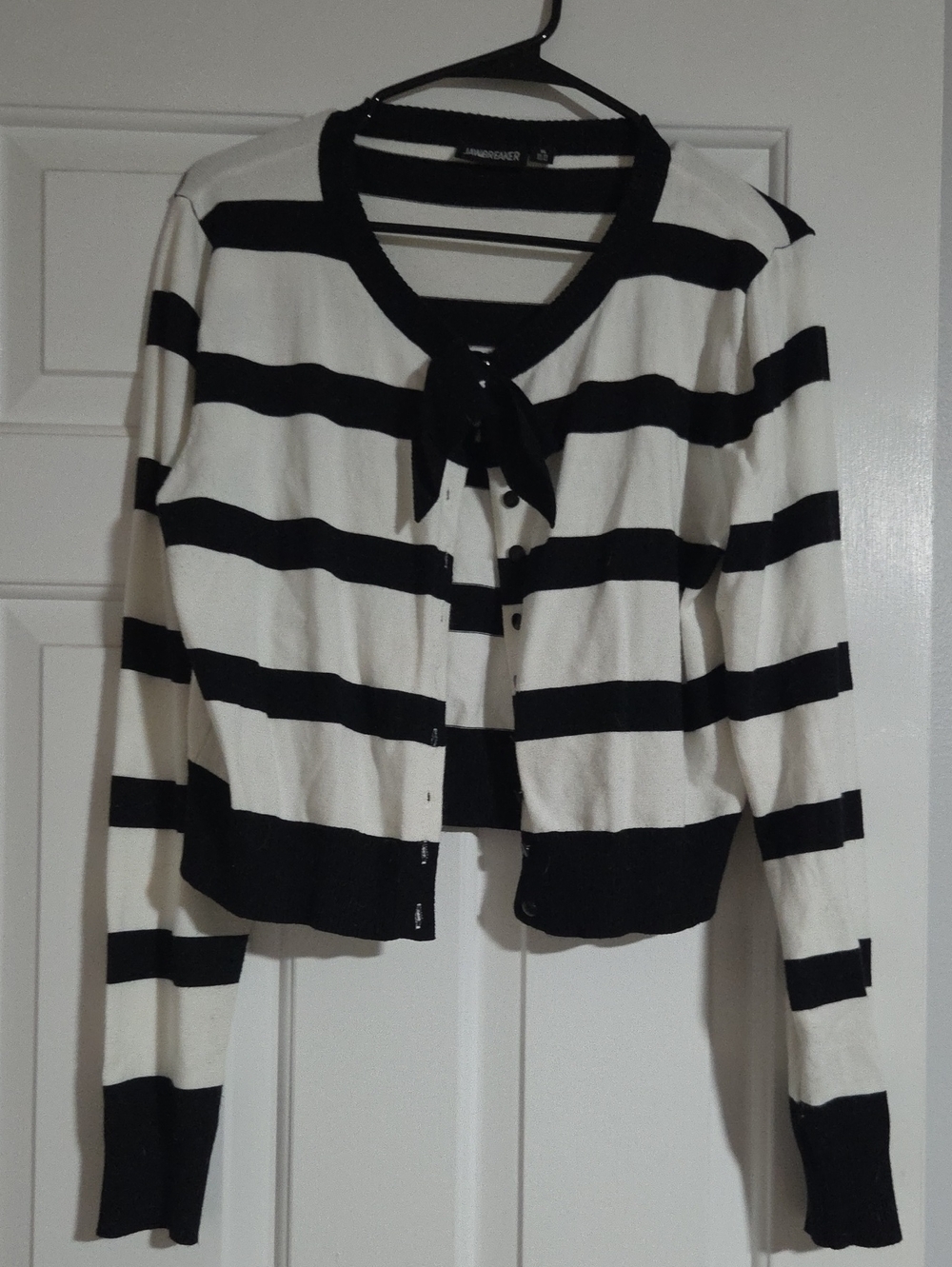 J. Crew Black & White Striped Tie-Neck Cardigan